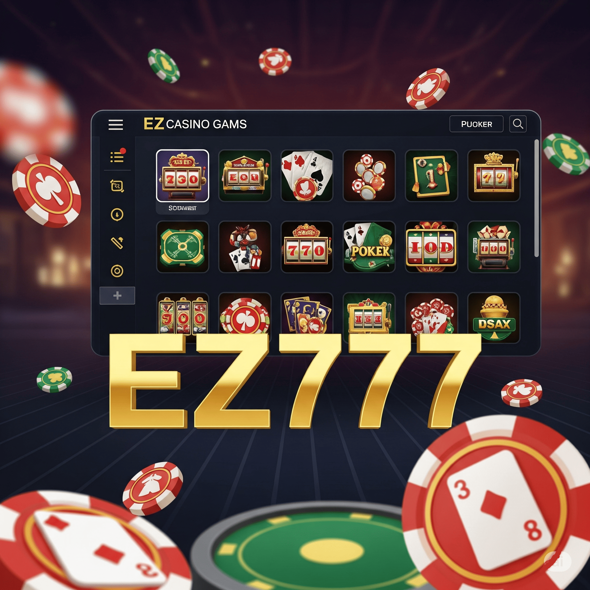 Dynamic montage of EZ777 gameplay including slots, live dealers, and sports betting